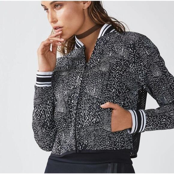Fabletics Black Splatter Tia Mesh Varsity Preppy Athletic Bomber Jacket L - Picture 1 of 8